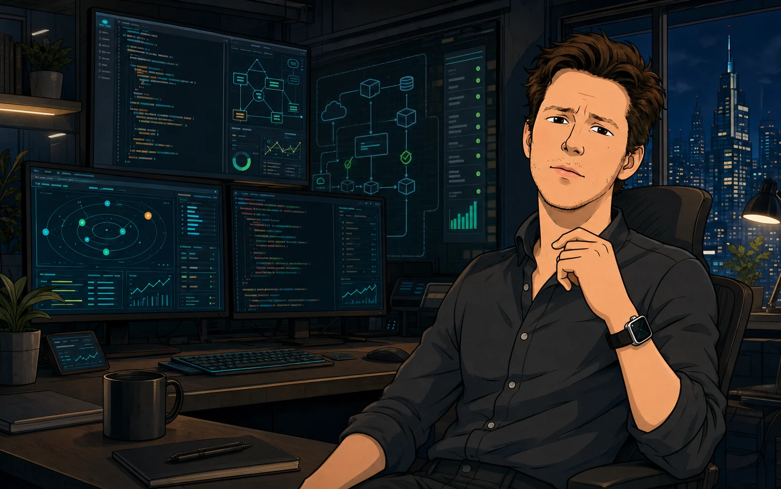 Illustrated portrait of Augusto at his desk